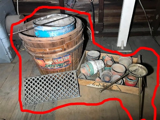 Old Bushel Baskets, metal can, Grate, pots etc