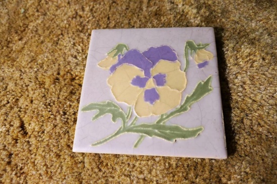 Antique Art Pottery Tile w/Flower Design