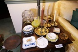 Items on top of table Lot Brass, glass and more