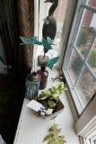 Items on Windowsill Lot Bottle, Crane etc