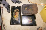 3 Antique Tole Decorated Painted Trays Nice