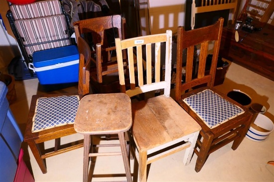 5 Antique Chairs, a Stool and  Faux Wicker Table