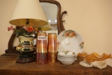 Lamp, Carnival Glass Cups, China etc lot