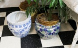 Two Ceramic Planters w/Faux Ficus Trees
