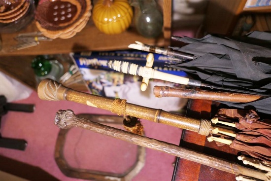 4 Antique Umbrellas Parasols Fancy Handles Carved