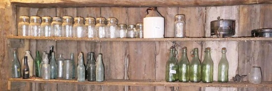 2 Shelves of Antique Bottles, Jars, Stoneware etc