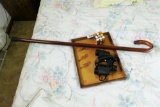 Binoculars, tray, cane etc lot