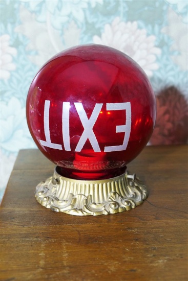 Red Glass Exit Globe w/Light Fixture