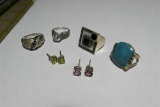 4 Sterling Silver Rings, 2 pairs earrings