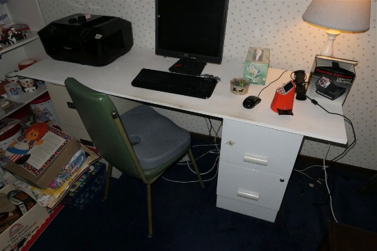 Desk, chair, computer items