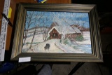 Folky Antique Painting Covered Bridge, car