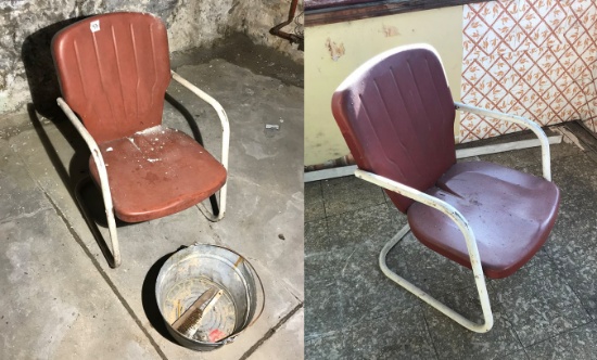 2 Vintage 50s Metal Outdoor Chairs + Bucket