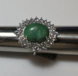 Brilliant Sterling Silver green jade and clear stone ring.