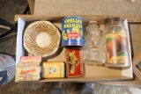 Group lot antique tins, advertising glass