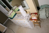 Linens, Cabbage Patch Kid, High Chair, Boxes etc