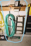 Small ladder, hose, items on shelf lot