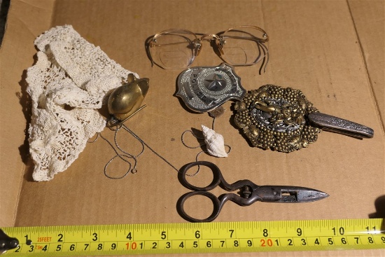 Lot assorted antique smalls, scissors, badge etc