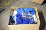 Box of assorted fraternal clothing, fabrics