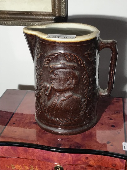 Unusual Brown Stoneware Jug or PItcher Man w/Pipe