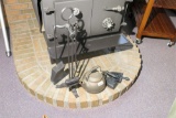 Lodge cast iron kettle, sad iron, fireplace tools etc