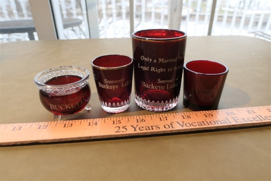 4 Antique Buckeye Lake Ruby Flash Souvenirs Cups