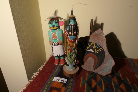2 Wooden Kachina dolls + painted rock fragment