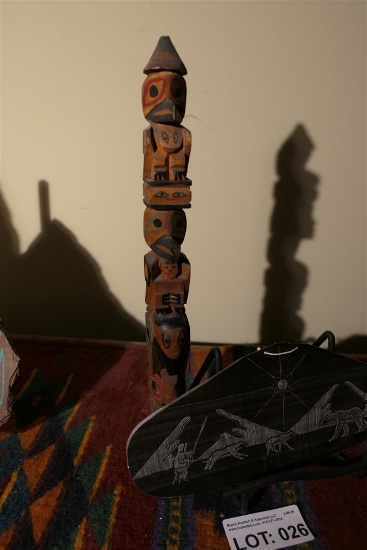 Older Northwest Native American totem pole + Inuit Baleen Scrimshaw piece