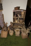 Shelf, baskets, tribal instruments lot