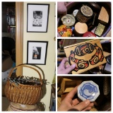 Basket full of small boxes, framed art, baskets lot