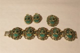 Unusual and nice vintage costume jewelry bracelet, earrings, pin