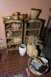 Corner lot of assorted baskets, shelves