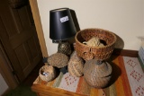 Assorted baskets, lamp and woven rug