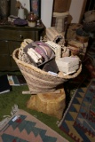 Wooden stand, basket and contents