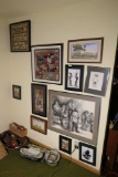 Large group lot of assorted vintage art on wall