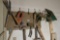 Assorted tools, hatchets on wall