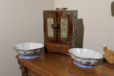 Chinese Wood, Jade Jewelry Box, Plus 2 Bowls