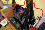 Assorted light or camera stands, equipment case, wires and more