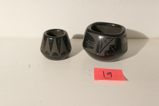 Two Vintage Black Ceramic Native American Vessels