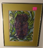 Vintage painting of an owl on paper Mid Century