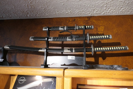 3 Repro Samurai Swords on Stand