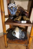 2 Shelves of assorted Asian items, ceramics