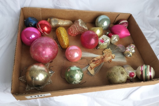 Flat of well worn Early Christmas Ornaments