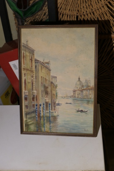 Antique Watercolor on Paper Painting Venice Boats