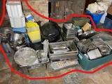 Large lot of catering pans, cookware, strainer, tubs and more