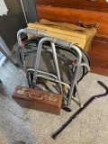 Walker, cane, briefcase, small tables lot.