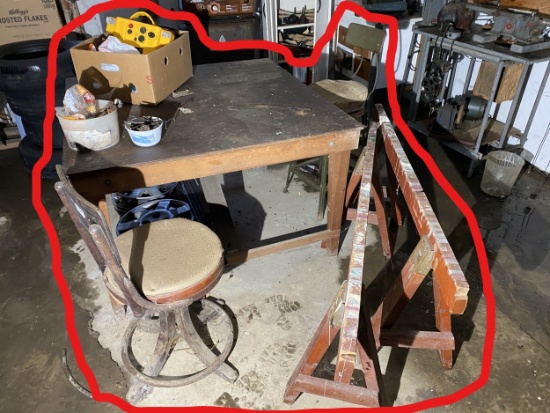 Old switchboard operator chair, sawhorses, work bench etc