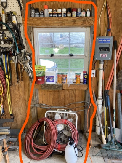Assorted garage items - chemicals, hoses, fan etc