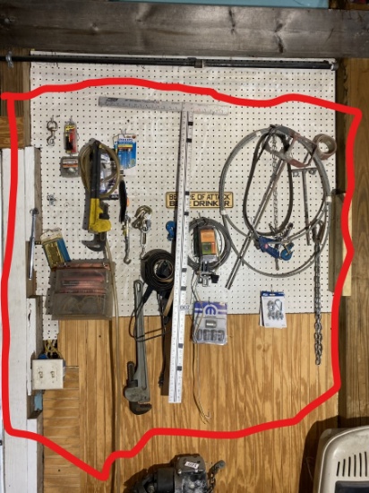 Wall lot of assorted tools, garage items