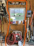 Assorted garage items - chemicals, hoses, fan etc