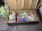 Antique wooden toy box w/toys, celluloid, books, chalkware etc